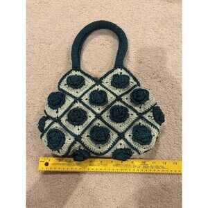 EUC Crochet Handmade 3D Rose Hand Bag Purse In Green Teal
